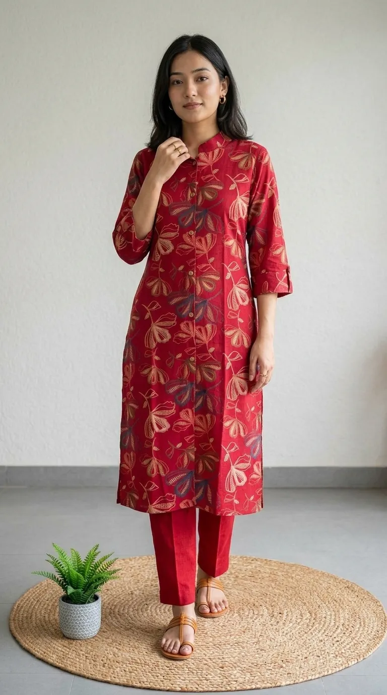 Bright Red Casual Ethnic Kurti Set